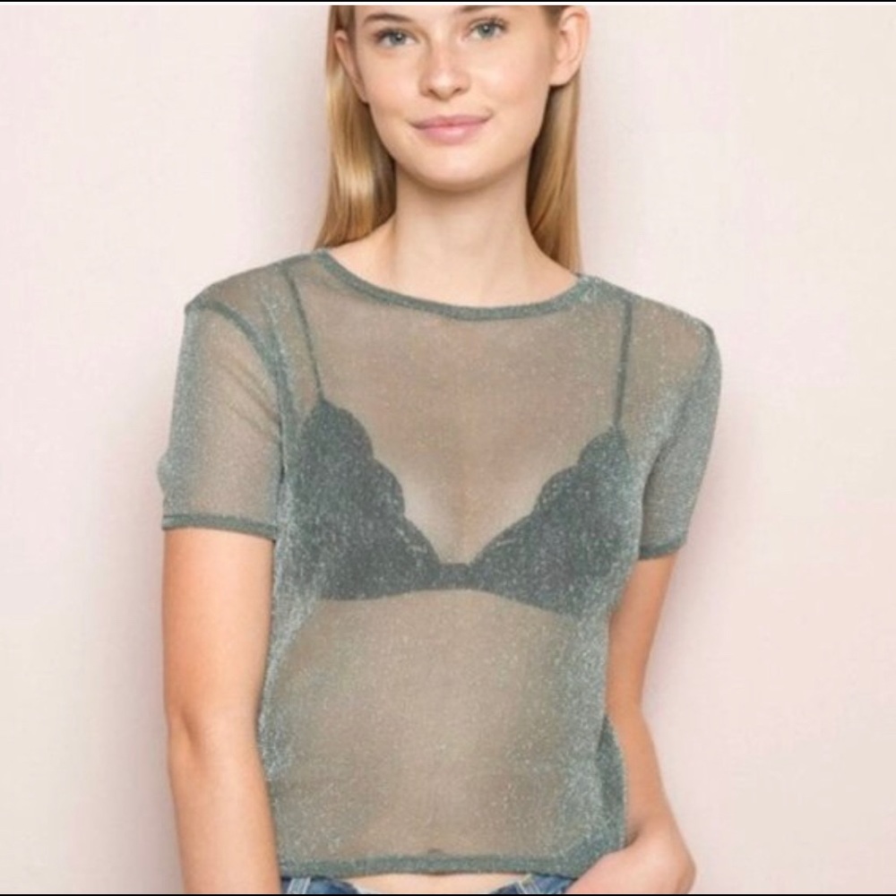 Brandy Melville shimmery sheer green mesh crop top